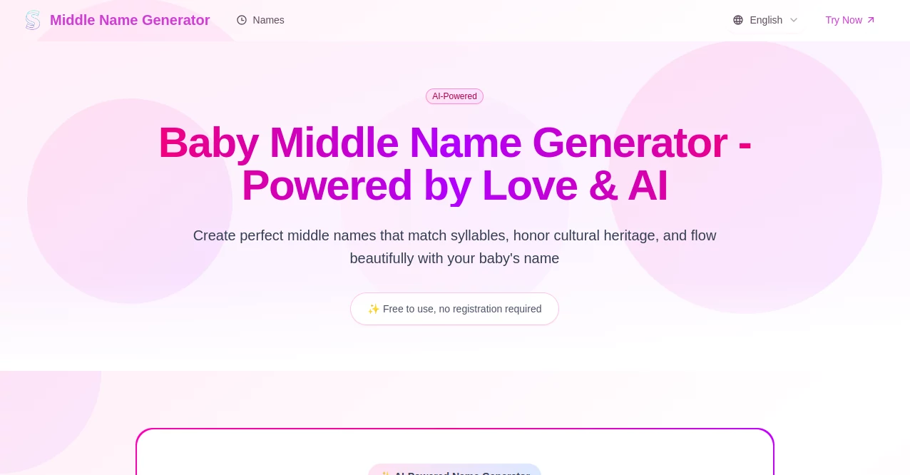 Screenshot of Middle Name Generator – An AI tool in the ,AI Life Assistant ,AI Fun Tools ,Other ,AI Bio Generator  category, showcasing its interface and key features.
