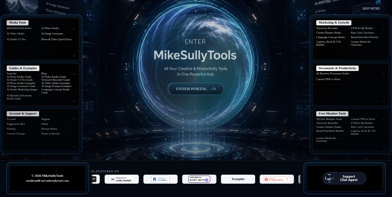 Screenshot of MikeSullyTools – An AI tool in the ,AI Photo & Image Generator ,AI Video Editor ,AI Digital Marketing Generator ,AI Productivity Tools  category, showcasing its interface and key features.