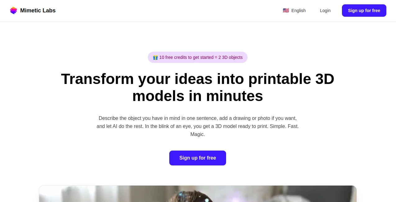 Screenshot of Mimetic Labs – An AI tool in the ,AI Design Generator ,AI Design Assistant ,AI 3D Model Generator ,AI Image to 3D Model  category, showcasing its interface and key features.