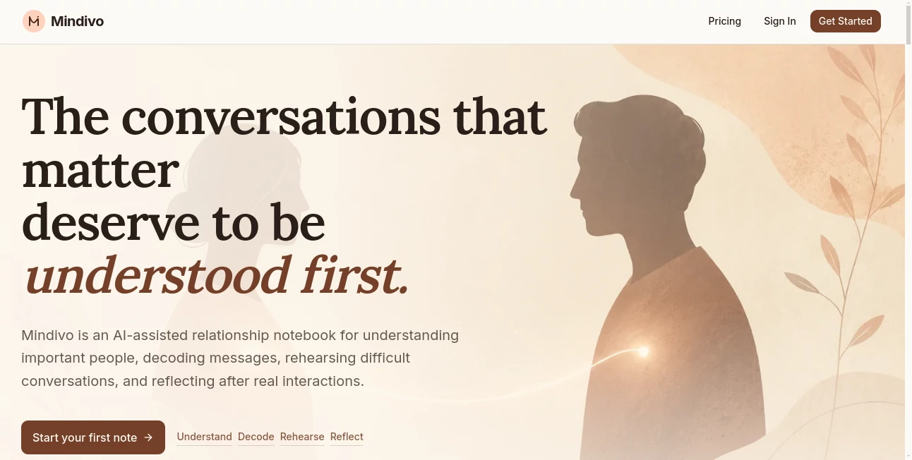 Screenshot of Mindivo – An AI tool in the ,AI Chatbot ,AI Life Assistant ,AI Mental Health ,AI Productivity Tools  category, showcasing its interface and key features.