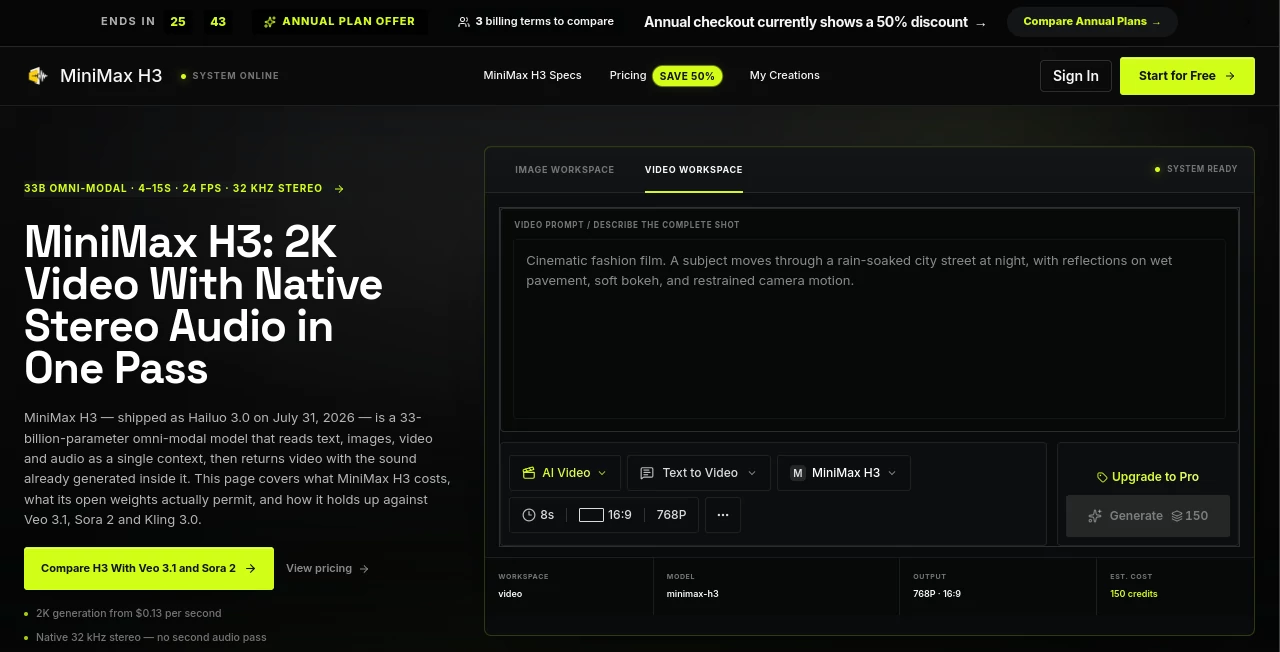 Screenshot of MiniMax H3 – An AI tool in the ,AI Video to Video ,AI Image to Video ,AI Video Generator ,AI Text to Video  category, showcasing its interface and key features.