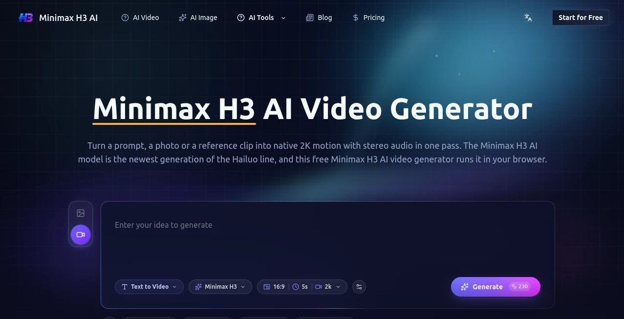 Screenshot of Minimax H3 – An AI tool in the ,AI Video to Video ,AI Image to Video ,AI Video Generator ,AI Text to Video  category, showcasing its interface and key features.