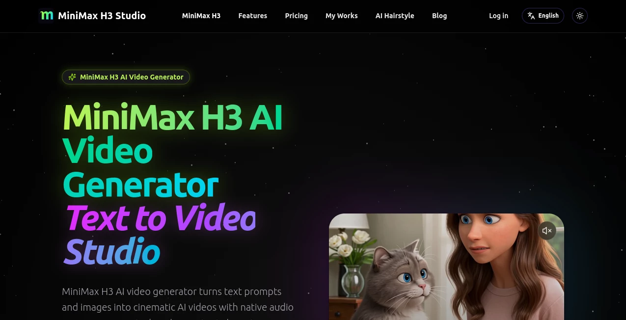Screenshot of MiniMax H3 – An AI tool in the ,AI Image to Video ,AI Video Generator ,AI Text to Video  category, showcasing its interface and key features.