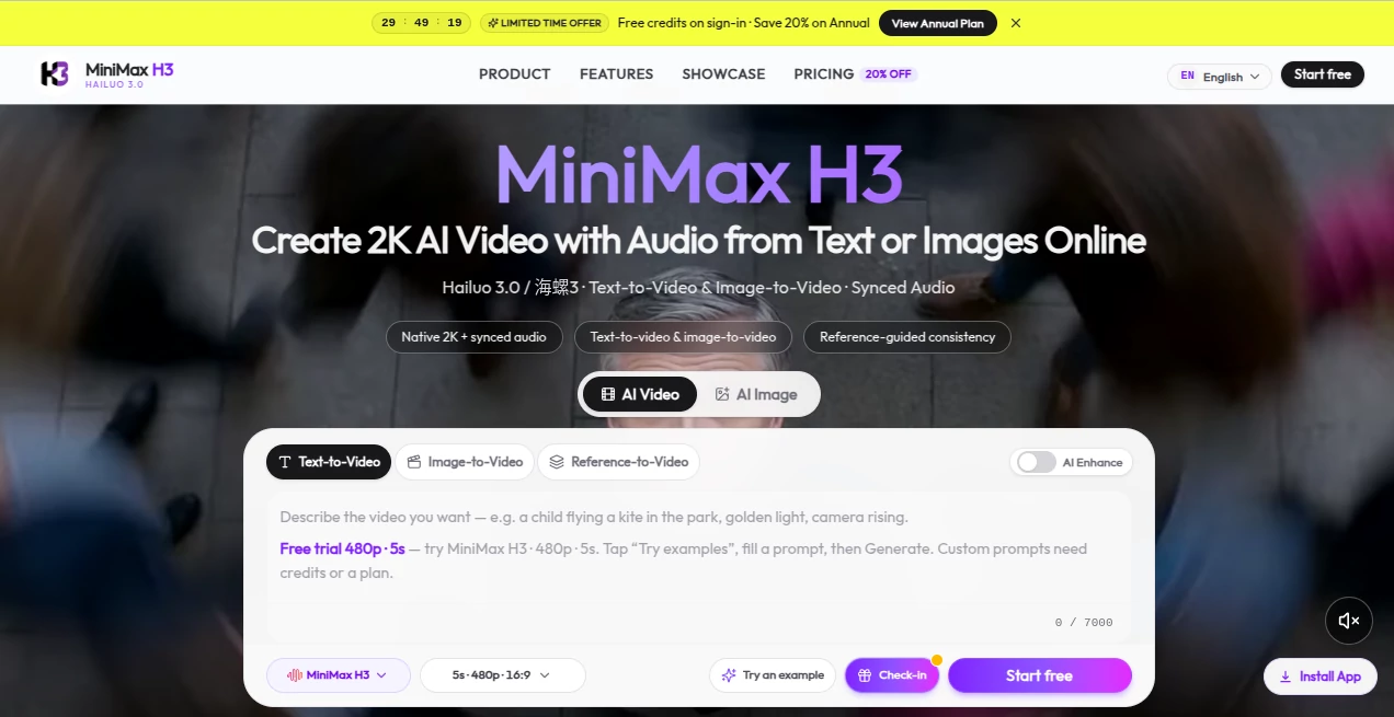 Screenshot of MiniMax H3 – An AI tool in the ,AI Image to Video ,AI Video Generator ,AI Video Enhancer ,AI Text to Video  category, showcasing its interface and key features.