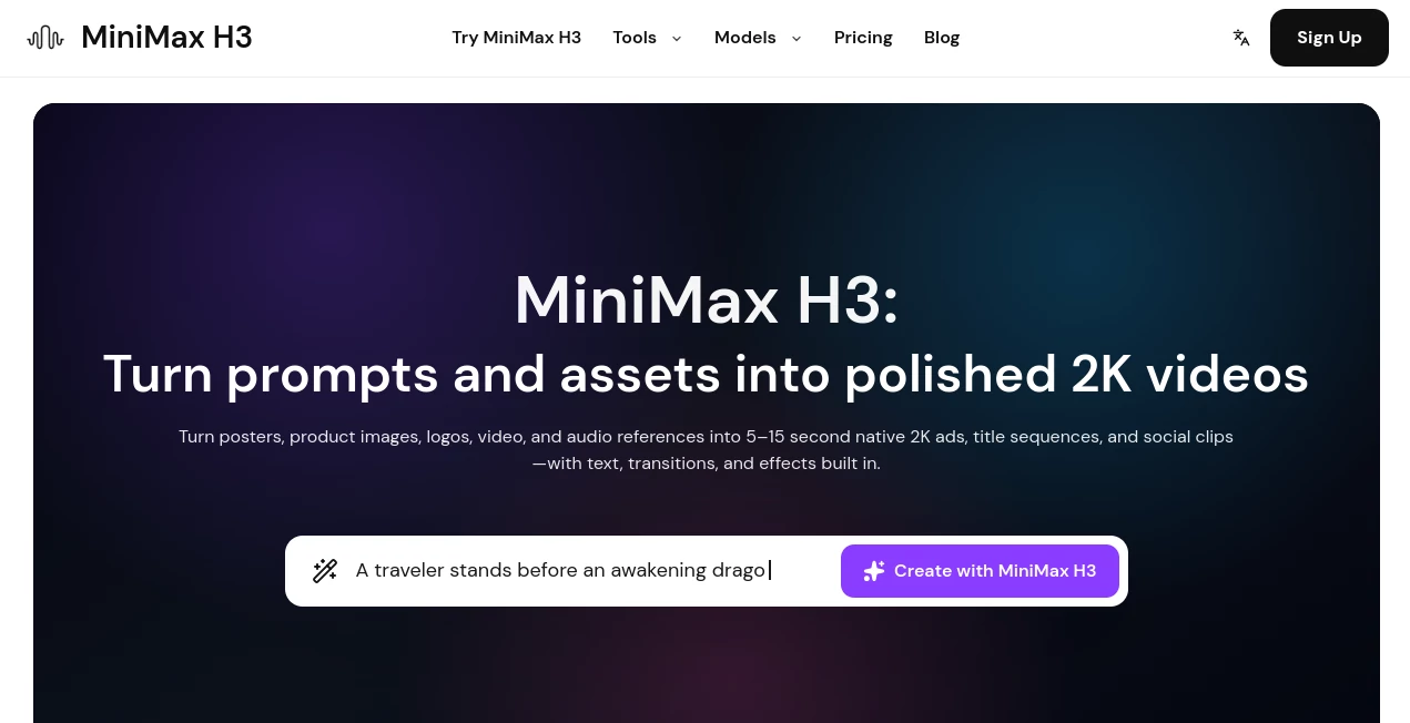 Screenshot of MiniMax H3 – An AI tool in the ,AI Image to Video ,AI Video Generator  category, showcasing its interface and key features.