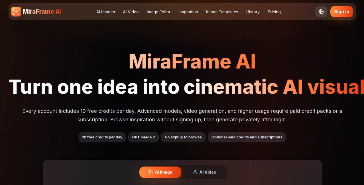 Screenshot of MiraFrame AI – An AI tool in the ,AI Photo & Image Generator ,Photo & Image Editor ,AI Video Generator ,AI Text to Image  category, showcasing its interface and key features.
