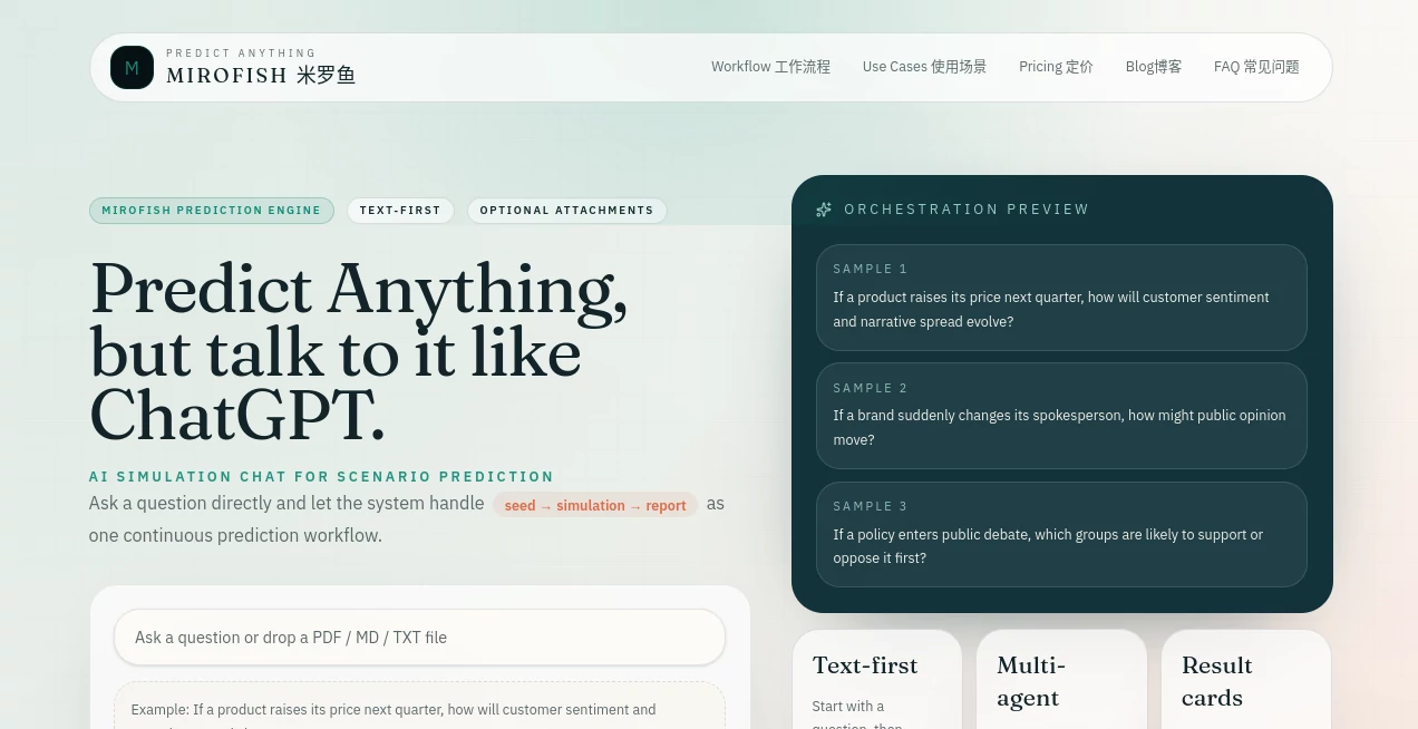 Screenshot of MiroFish – An AI tool in the ,Chatbot  category, showcasing its interface and key features.