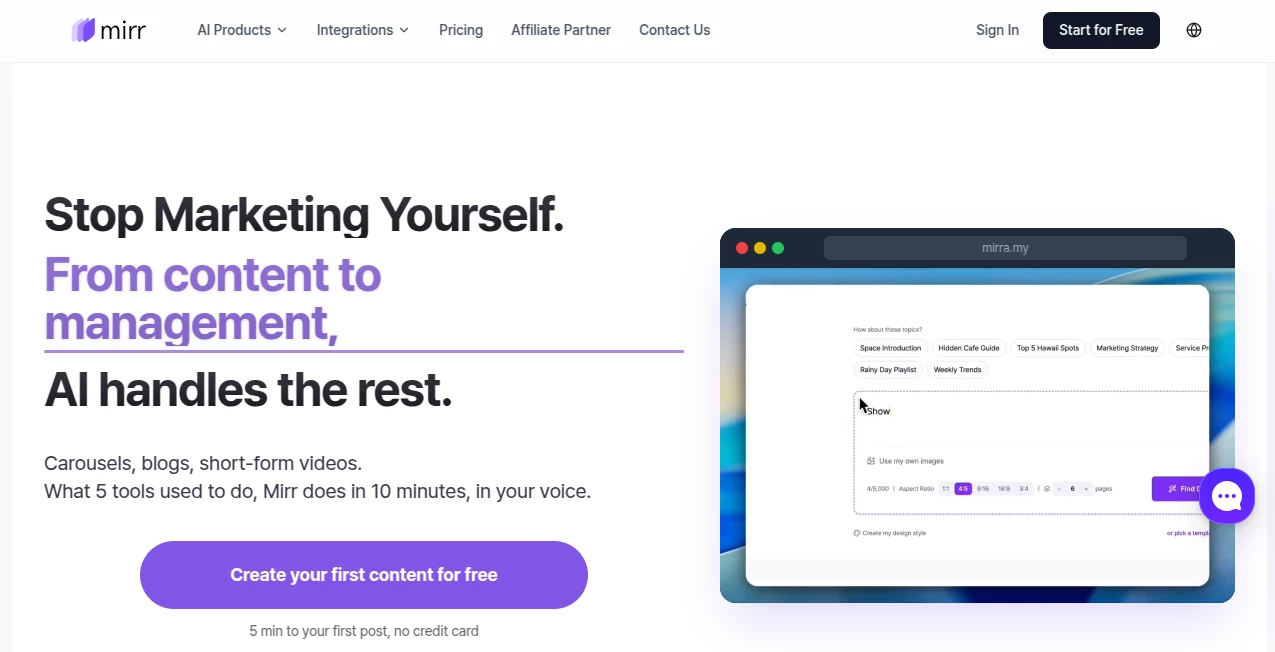 Screenshot of Mirra – An AI tool in the ,AI Content Generator ,AI Social Media Assistant ,AI Digital Marketing Generator ,AI Marketing Plan Generator  category, showcasing its interface and key features.