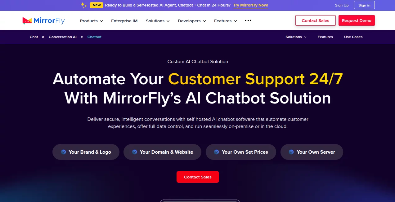 Screenshot of MirrorFly AI Chatbot Solution – An AI tool in the ,AI Customer Service Assistant ,AI Chatbot ,AI Life Assistant ,AI Team Collaboration  category, showcasing its interface and key features.