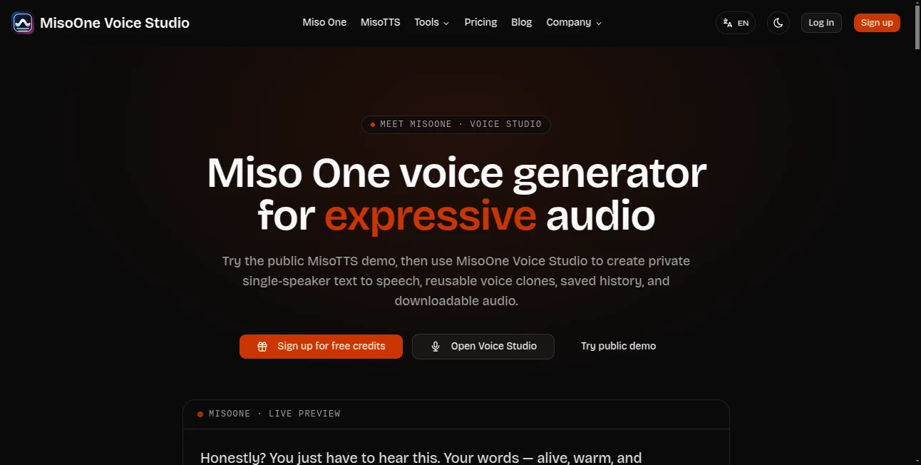 Screenshot of MisoOne Voice Studio – An AI tool in the ,AI Writing Assistants ,AI Content Generator ,AI SEO Assistant ,AI Marketing Plan Generator  category, showcasing its interface and key features.