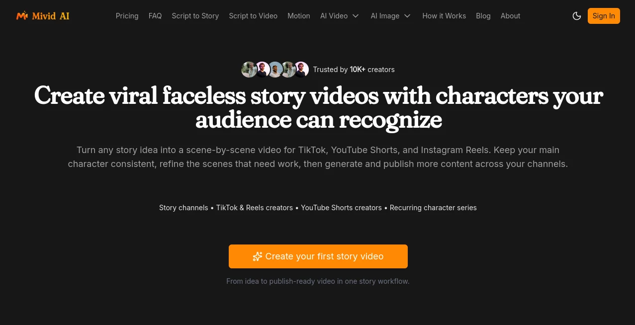 Screenshot of Mivid AI – Faceless Video Generator – An AI tool in the ,AI Personalized Video Generator ,AI Video Generator ,AI Short Clips Generator ,AI Text to Video  category, showcasing its interface and key features.