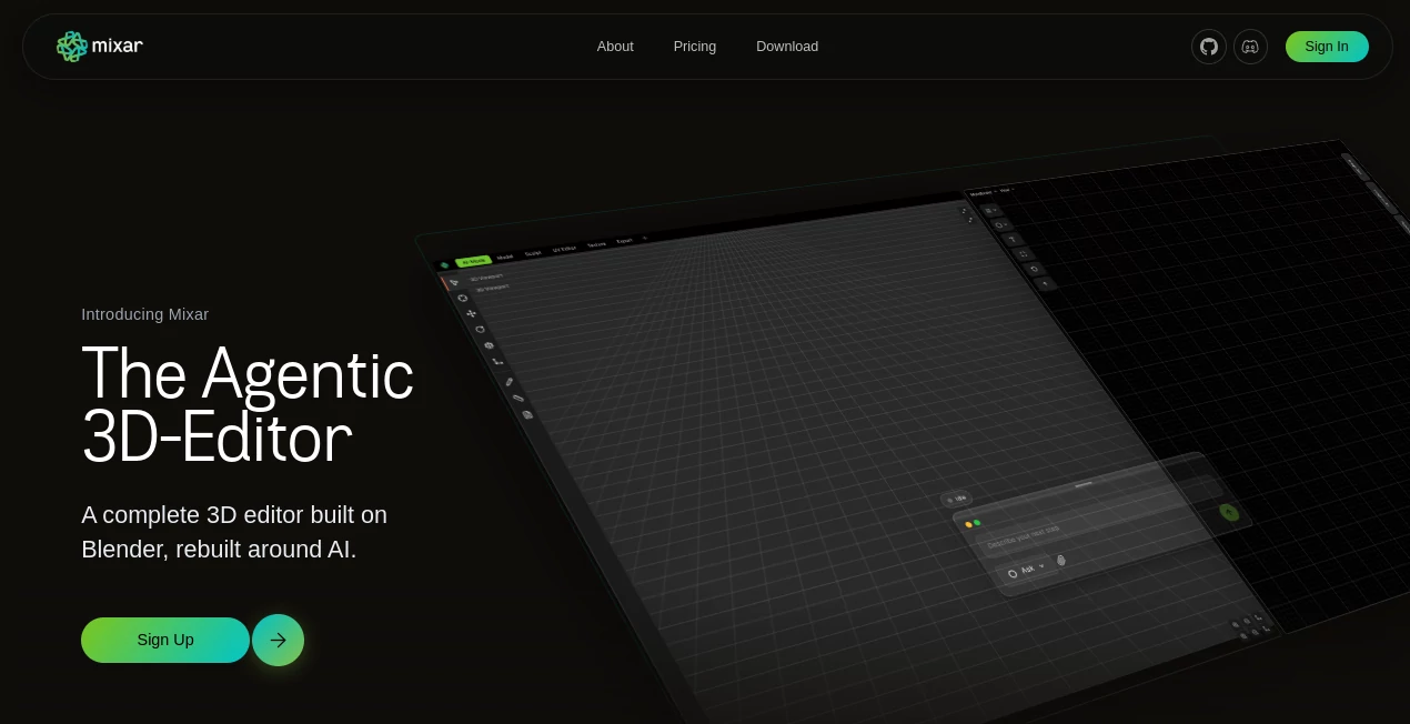 Screenshot of Mixar – An AI tool in the ,AI 3D Model Generator ,AI Text to 3D ,AI Image to 3D Model ,3D  category, showcasing its interface and key features.