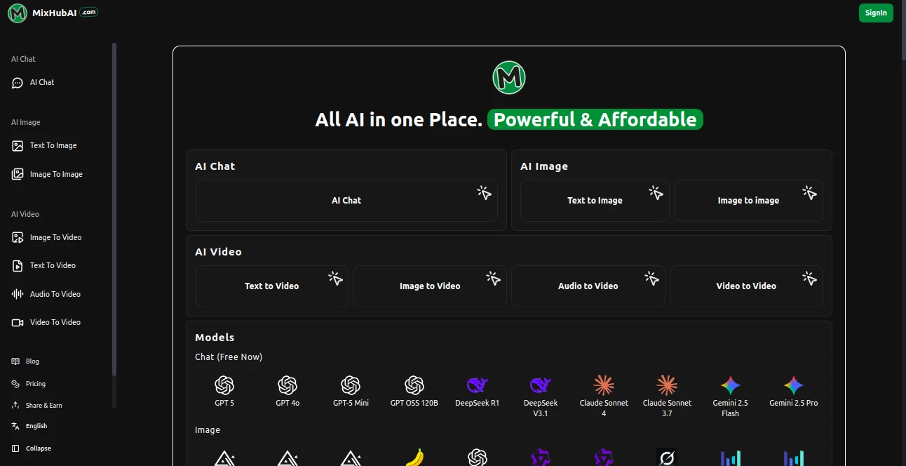 Screenshot of MixHub AI – An AI tool in the ,AI Photo & Image Generator ,AI Video Editor ,AI Video Generator  category, showcasing its interface and key features.