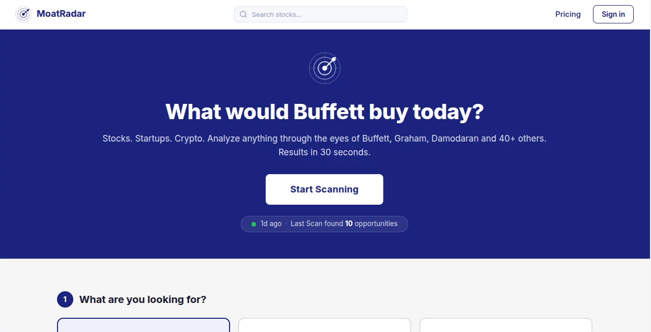 Screenshot of MoatRadar – An AI tool in the ,AI Research Tool ,AI Business Ideas Generator ,AI Investing Assistant ,AI Analytics Assistant  category, showcasing its interface and key features.