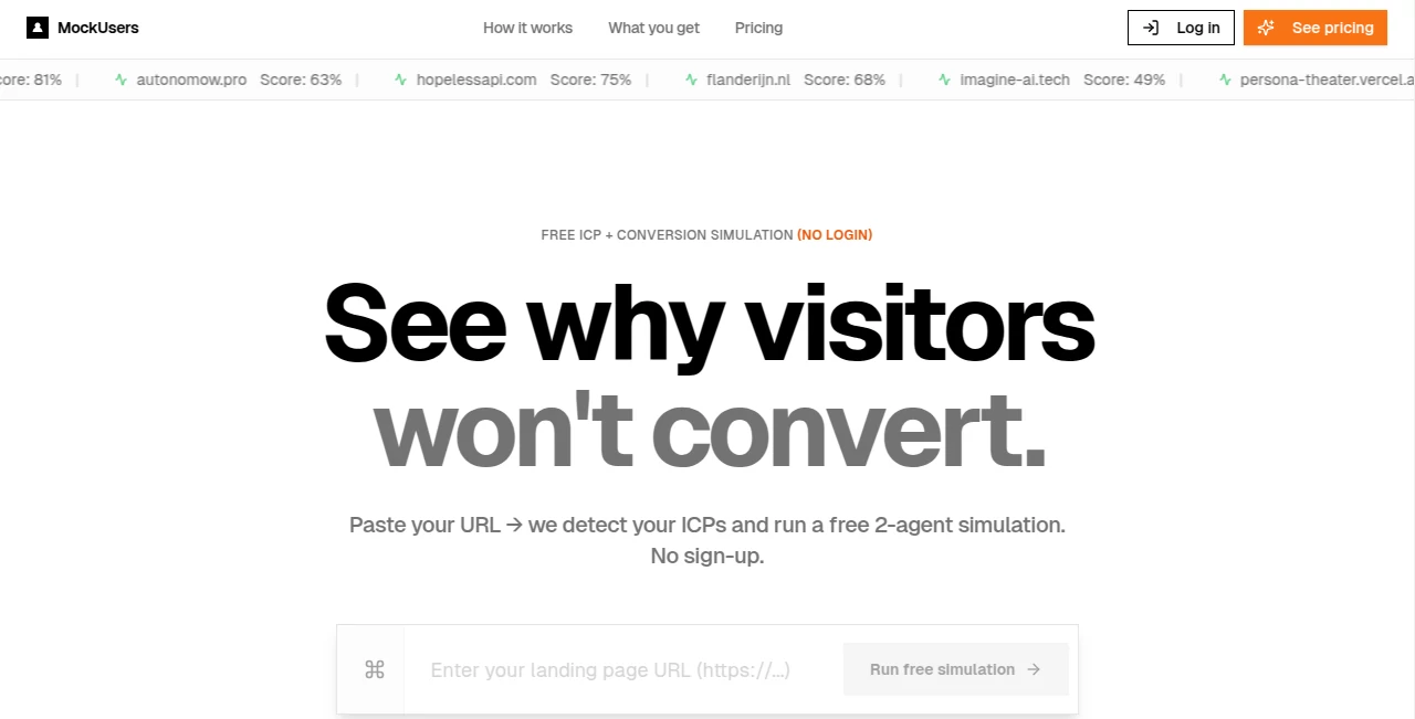 Screenshot of MockUsers – An AI tool in the ,AI Landing Page Builder ,AI SEO Assistant ,AI Content Generator ,AI Analytics Assistant  category, showcasing its interface and key features.