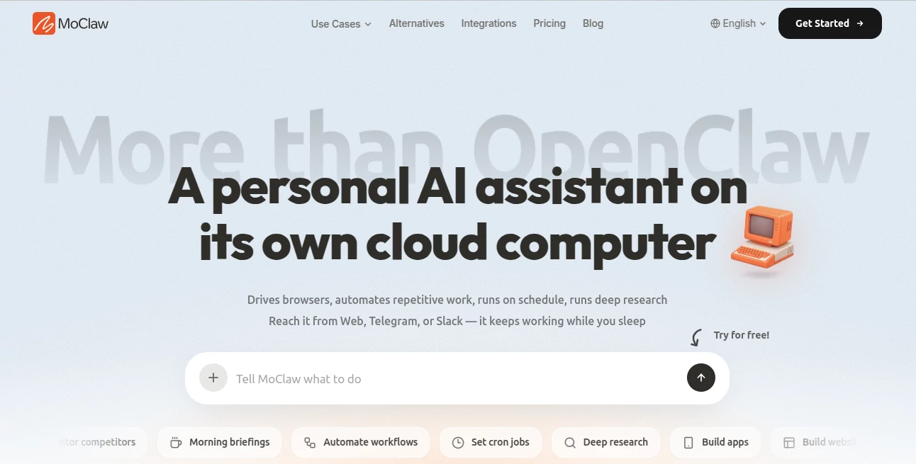 Screenshot of MoClaw – An AI tool in the ,AI Workflow Management ,AI Productivity Tools ,AI Research Tool ,AI Team Collaboration  category, showcasing its interface and key features.