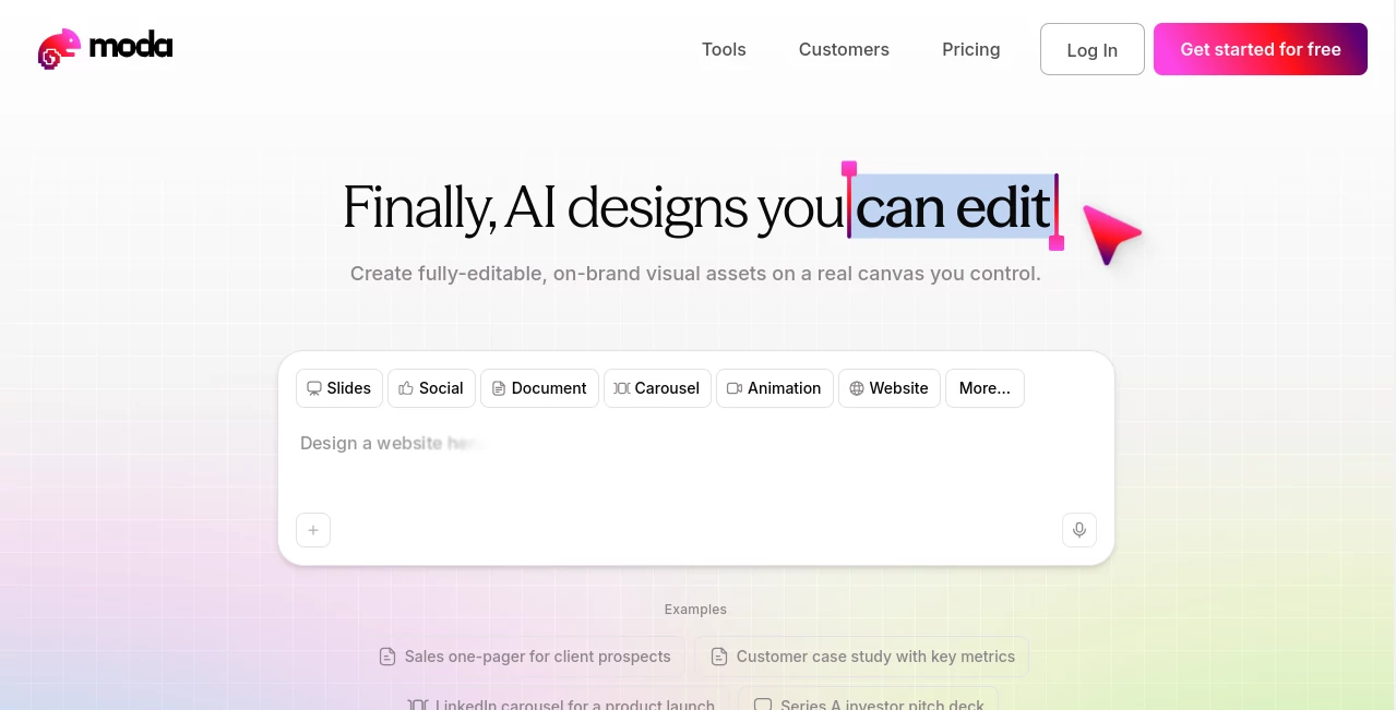 Screenshot of Moda – An AI tool in the ,AI Design Assistant ,AI Social Media Assistant ,AI Presentation Generator ,AI Graphic Design  category, showcasing its interface and key features.