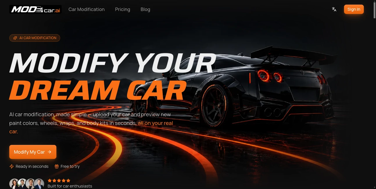 Screenshot of MODCAR – An AI tool in the ,AI Photo & Image Generator ,AI Image to Image ,AI Design Generator ,AI Graphic Design  category, showcasing its interface and key features.