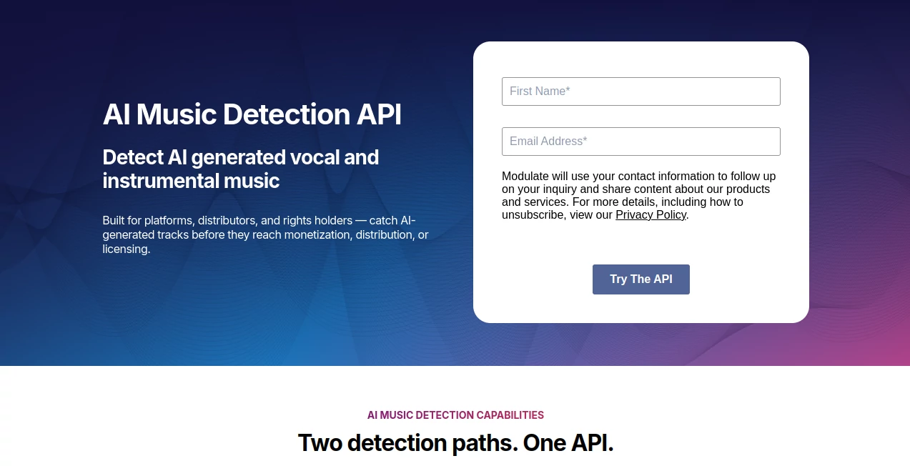Screenshot of Modulate AI Music Detection API – An AI tool in the ,AI API Design ,AI Developer Tools ,AI Music Generator ,AI Speech Recognition  category, showcasing its interface and key features.