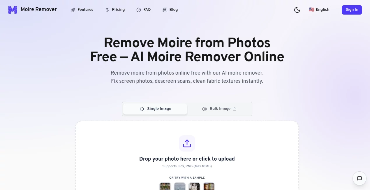 Screenshot of Moire Remover – An AI tool in the ,Photo & Image Editor ,AI Photo Restoration ,AI Photography  category, showcasing its interface and key features.