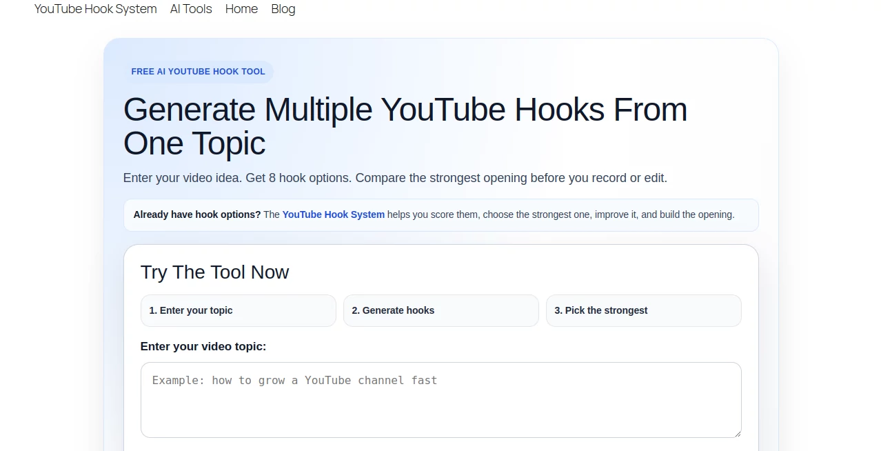 Screenshot of Free AI YouTube Hook Gene – An AI tool in the ,AI Business Ideas Generator ,Marketing  category, showcasing its interface and key features.