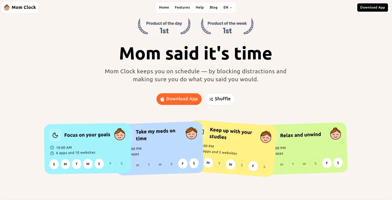 Screenshot of Mom Clock – An AI tool in the ,AI Productivity Tools ,AI Task Management ,AI Scheduling  category, showcasing its interface and key features.