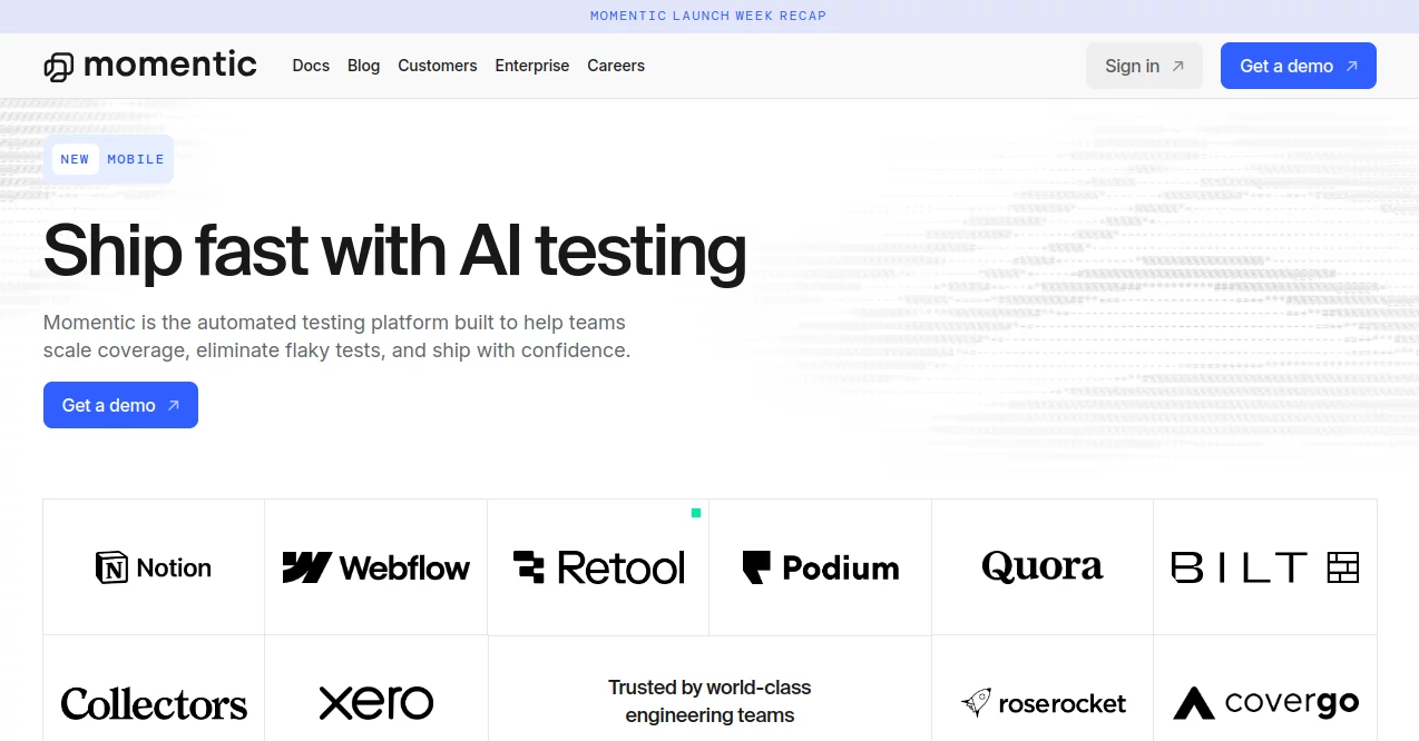 Screenshot of Momentic AI – An AI tool in the ,AI Code Assistant ,AI Testing & QA ,AI Developer Tools ,AI Monitor & Report Builder  category, showcasing its interface and key features.