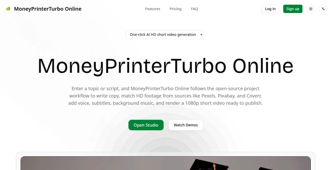 Screenshot of MoneyPrinterTurbo Online – An AI tool in the ,AI Video Generator ,AI Short Clips Generator ,AI Text to Video ,AI Voice & Audio Editing  category, showcasing its interface and key features.