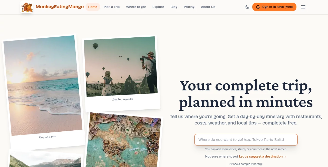 Screenshot of MonkeyEatingMango – An AI tool in the ,AI Trip Planner ,AI Life Assistant ,AI Productivity Tools  category, showcasing its interface and key features.