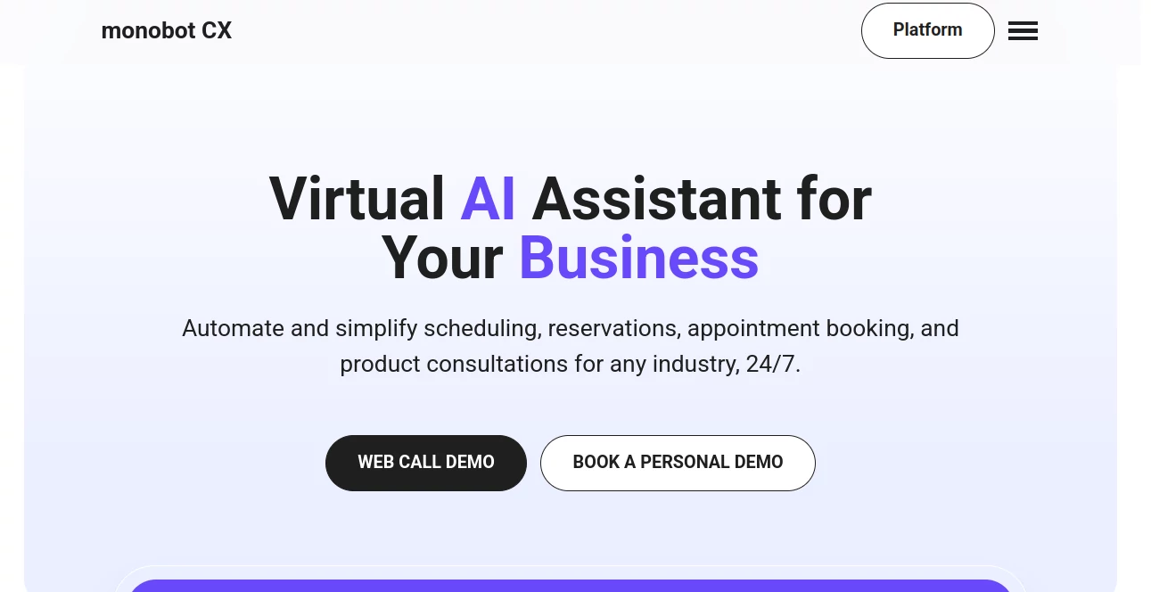 Screenshot of monobot CX – An AI tool in the ,AI Code Assistant ,AI Code Explanation ,AI Code Generator ,AI Developer Tools  category, showcasing its interface and key features.