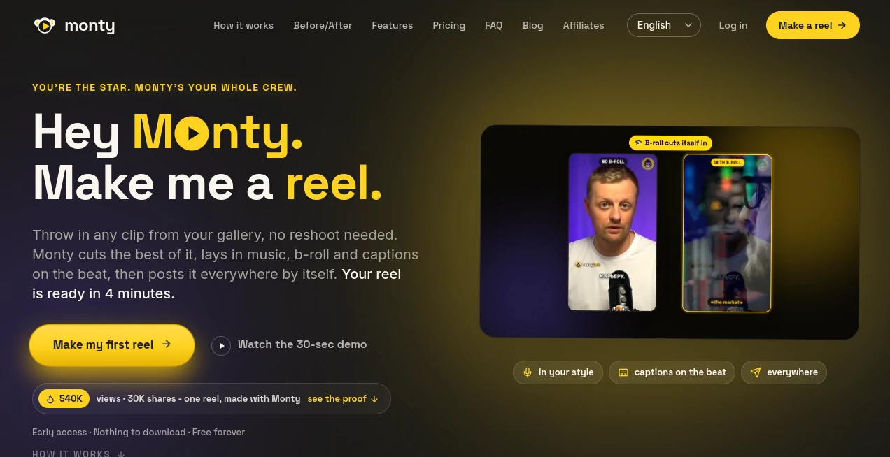Screenshot of Monty – An AI tool in the ,AI Video Editor ,AI Short Clips Generator ,AI Social Media Assistant ,AI Repurpose Assistant  category, showcasing its interface and key features.
