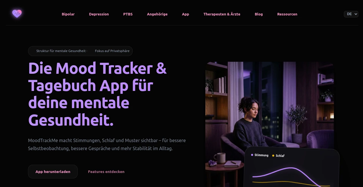 Screenshot of MoodTrackMe – An AI tool in the ,AI Coaching ,AI Life Assistant ,AI Mental Health ,AI Healthcare  category, showcasing its interface and key features.