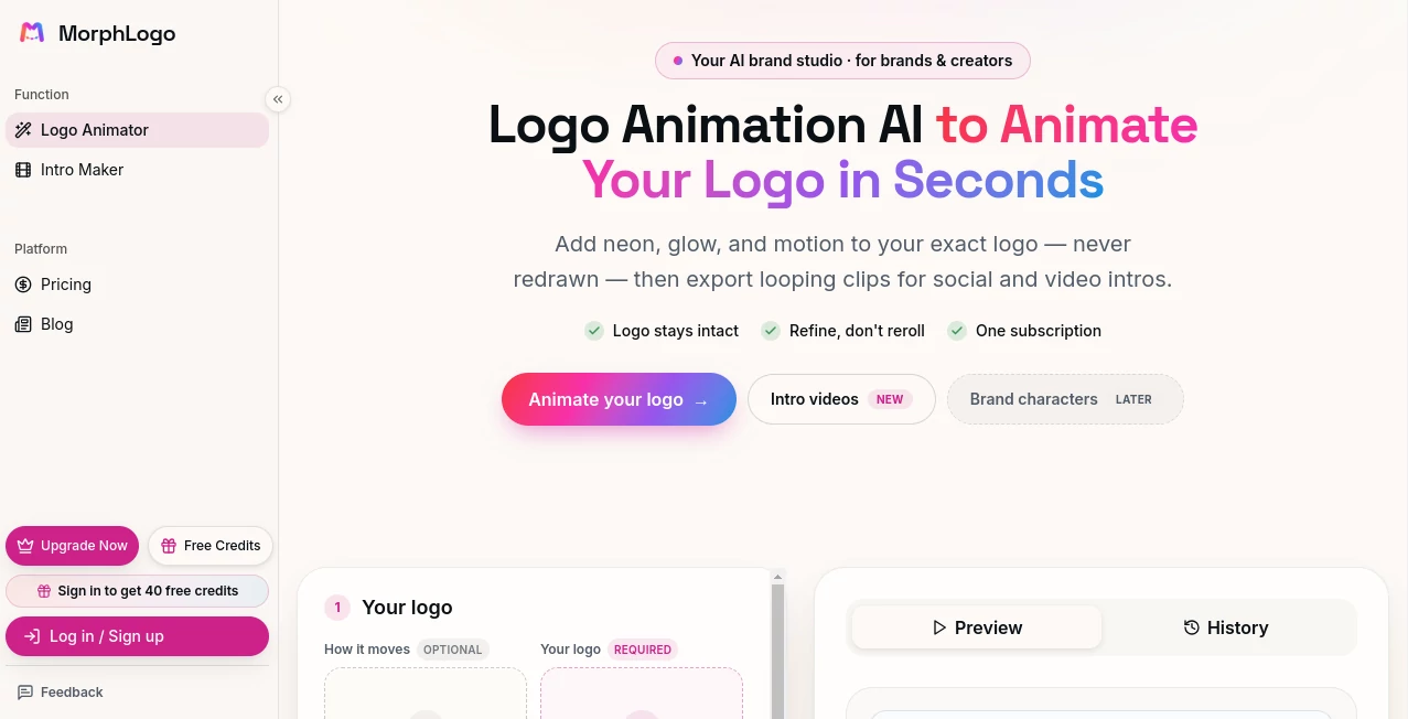 Screenshot of MorphLogo – An AI tool in the ,AI Animated Video ,AI Logo Generator ,AI Video Generator ,AI Graphic Design  category, showcasing its interface and key features.