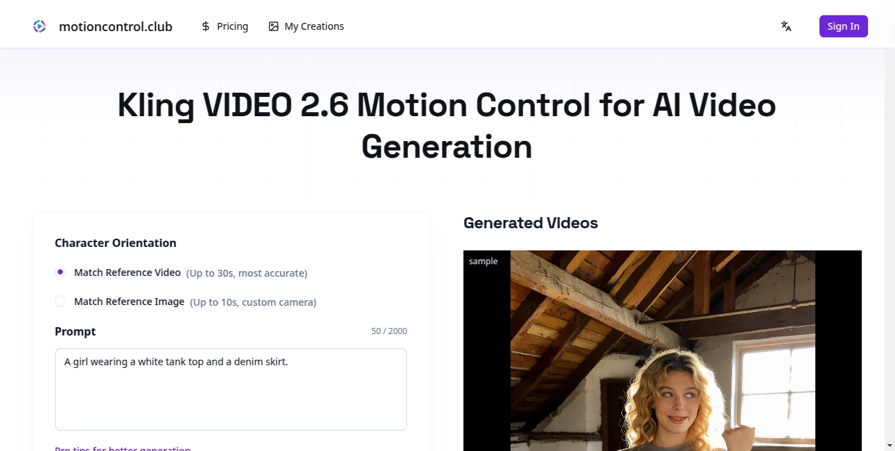 Screenshot of Motion Control Club – An AI tool in the ,AI Animated Video ,AI Video Generator ,AI Design Generator  category, showcasing its interface and key features.