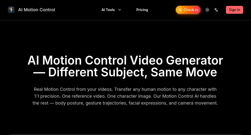 Screenshot of AI Motion Control – An AI tool in the ,AI Image to Video ,AI Video Generator ,AI Video Editor ,AI Short Clips Generator  category, showcasing its interface and key features.