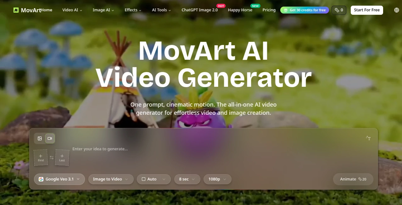 Screenshot of Movart AI – An AI tool in the ,AI Image to Video ,AI Video Generator ,AI Short Clips Generator ,AI Text to Video  category, showcasing its interface and key features.