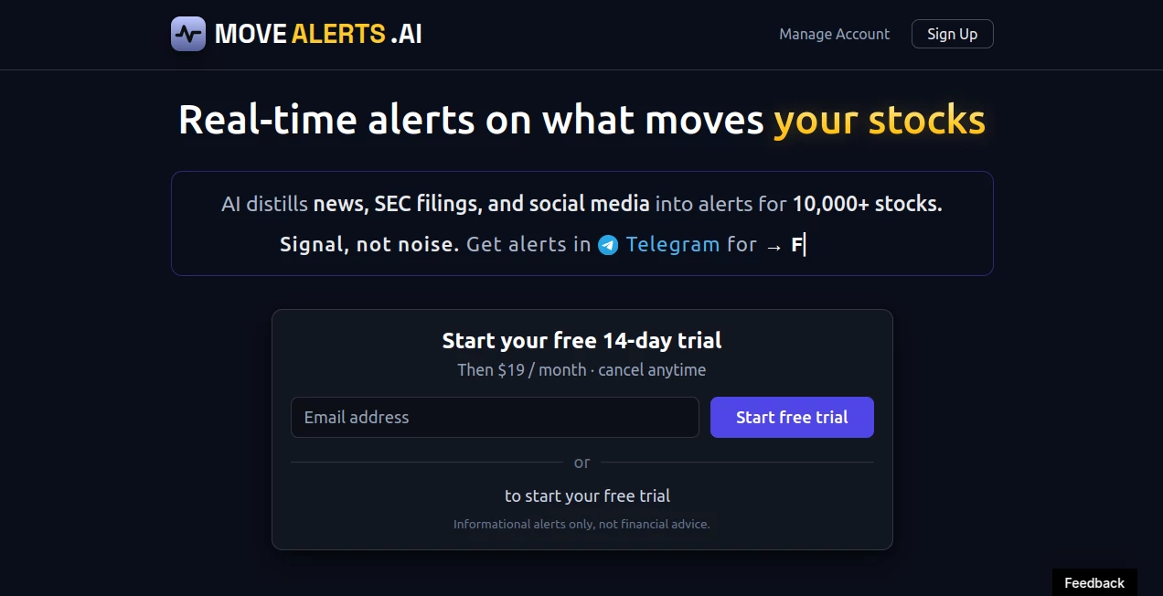 Screenshot of MoveAlerts.ai – An AI tool in the ,AI Research Tool ,AI Trading Bot Assistant ,AI Investing Assistant ,AI Analytics Assistant  category, showcasing its interface and key features.