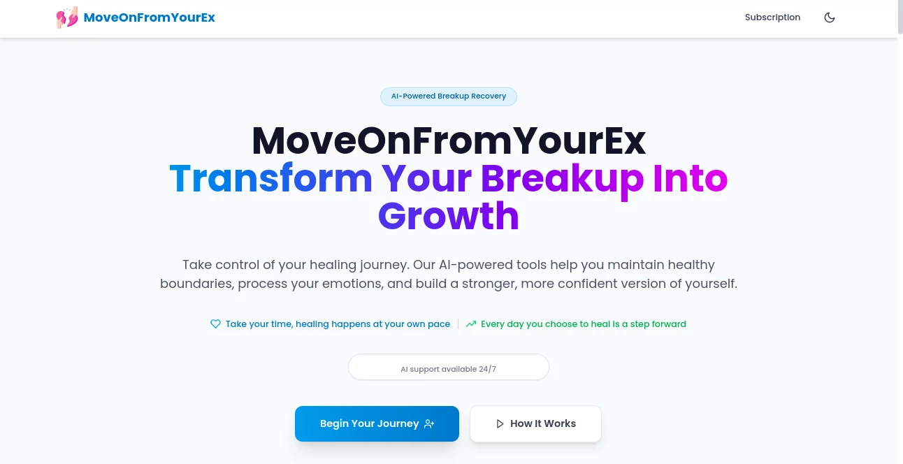 Screenshot of MoveOnFromYourEx – An AI tool in the ,AI Life Assistant ,AI Fun Tools ,AI Mental Health ,AI Coaching  category, showcasing its interface and key features.