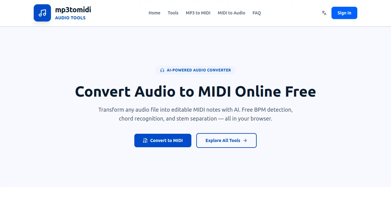 Screenshot of MP3toMIDI – An AI tool in the ,AI Audio Enhancer ,AI Music Generator ,AI Speech Recognition ,AI Voice & Audio Editing  category, showcasing its interface and key features.