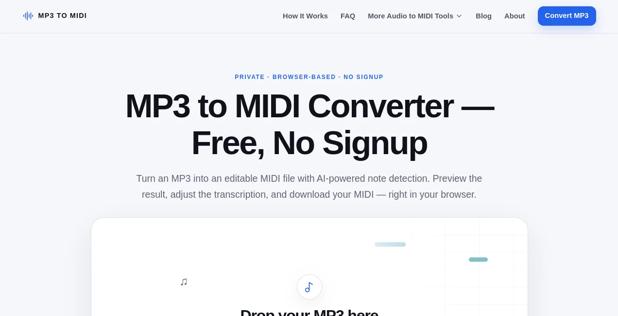 Screenshot of MP3 to MIDI – An AI tool in the ,AI Voice & Audio Editing  category, showcasing its interface and key features.
