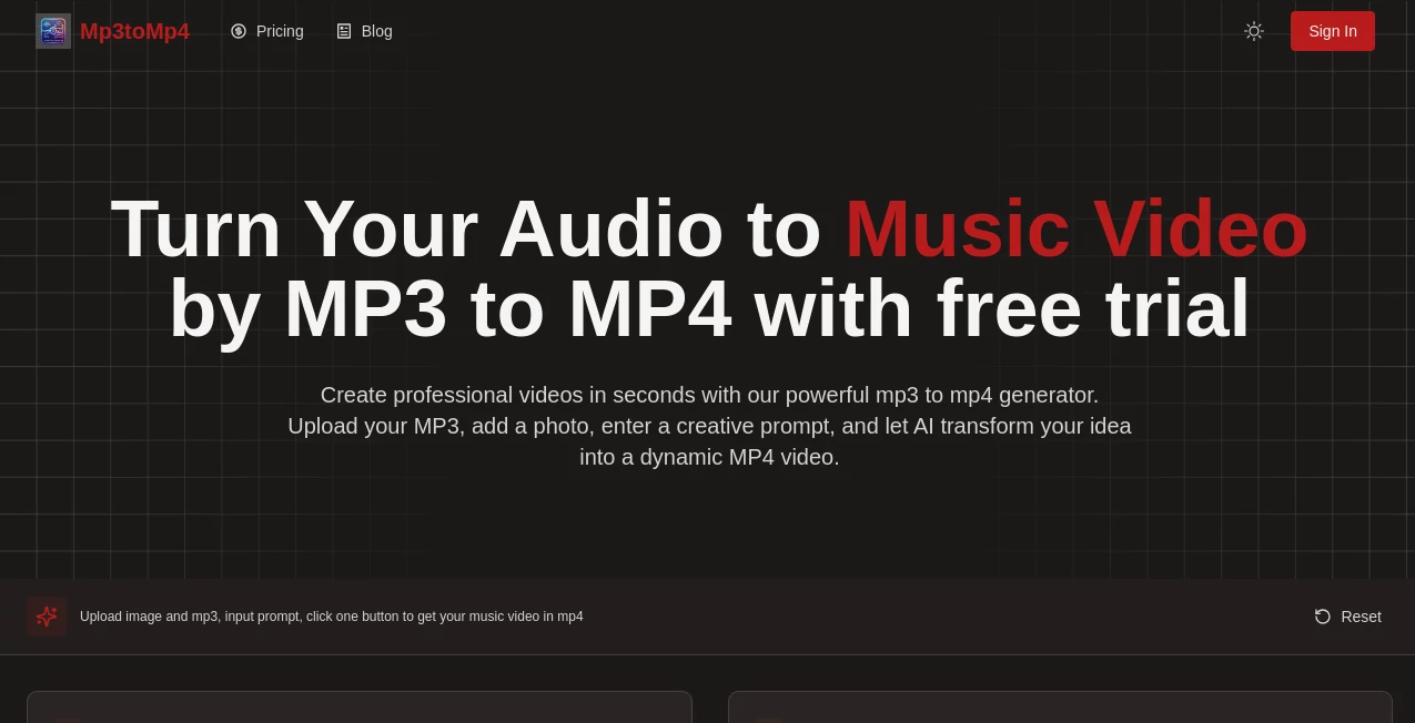 Screenshot of Mp3toMp4 – An AI tool in the ,AI Content Generator ,AI Video Editor ,AI Video Generator ,AI Music Generator  category, showcasing its interface and key features.