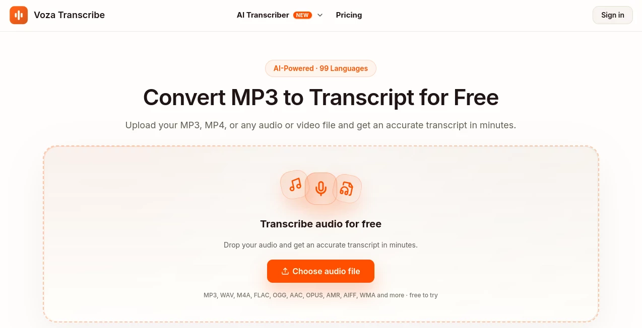 Screenshot of Voza Transcribe – An AI tool in the ,AI Transcriber ,AI Transcription ,AI Speech to Text ,AI Captions or Subtitle  category, showcasing its interface and key features.