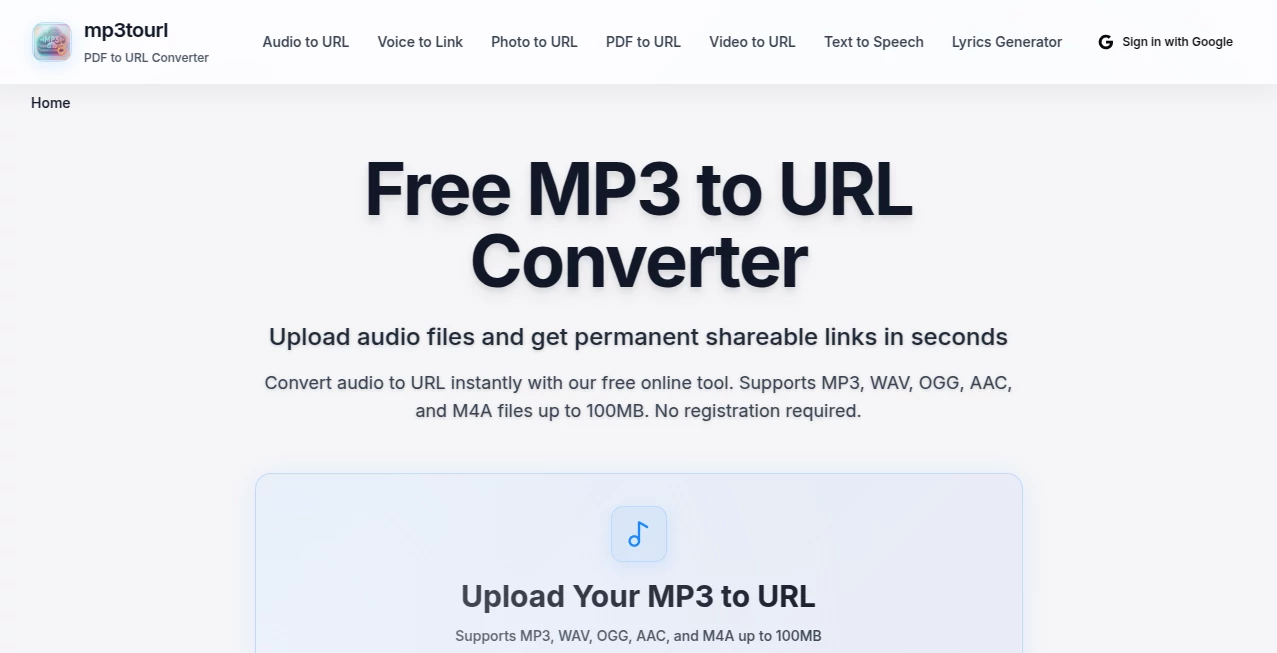 Screenshot of mp3tourl – An AI tool in the ,AI Speech to Text ,AI Voice & Audio Editing  category, showcasing its interface and key features.