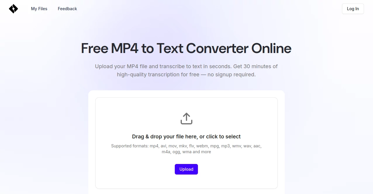 Screenshot of MP4 to Text – An AI tool in the ,AI Transcription ,AI Text to Video ,AI Speech to Text ,AI Captions or Subtitle  category, showcasing its interface and key features.