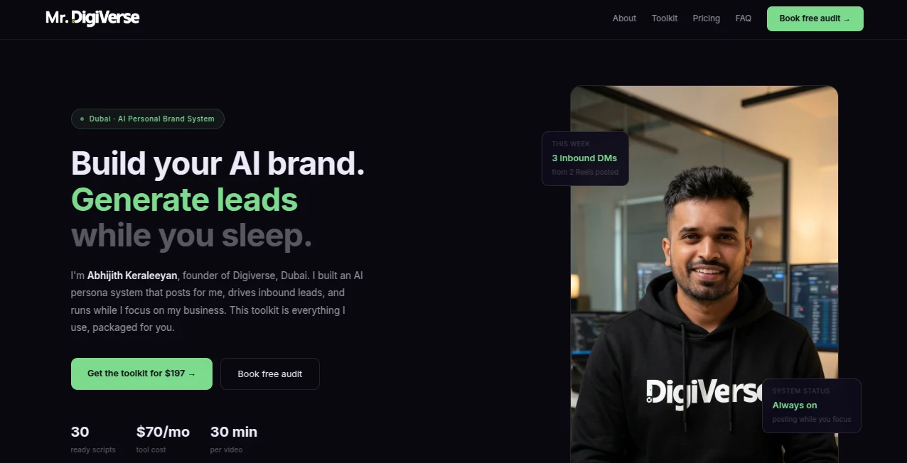 Screenshot of Mr. DigiVerse AI Persona Toolkit – An AI tool in the ,AI Content Generator ,AI Social Media Assistant ,AI Digital Marketing Generator ,AI Marketing Plan Generator  category, showcasing its interface and key features.