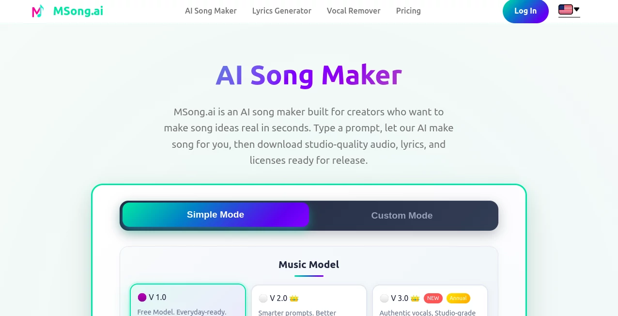 Screenshot of MSong.ai – An AI tool in the ,AI Lyrics Generator ,AI Music Generator ,AI Text to Music  category, showcasing its interface and key features.