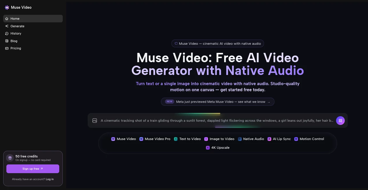 Screenshot of Muse Video – An AI tool in the ,AI Image to Video ,AI Video Generator ,AI Video Editor ,AI Text to Video  category, showcasing its interface and key features.