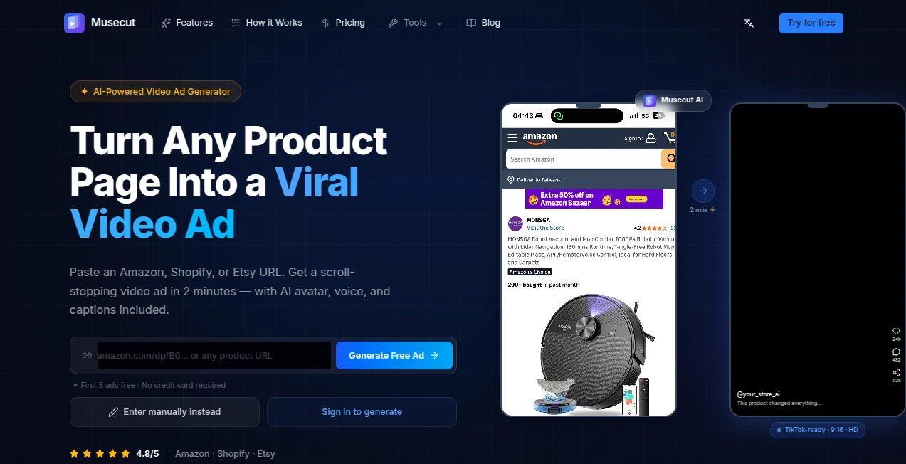 Screenshot of Musecut – An AI tool in the ,AI Text to Video ,AI Video Generator ,AI Ad Generator ,AI Marketing Plan Generator  category, showcasing its interface and key features.