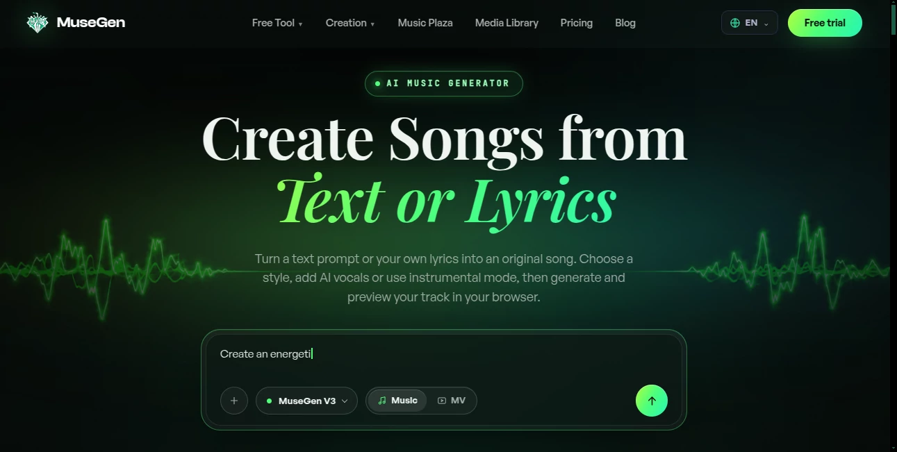 Screenshot of MuseGen – An AI tool in the ,AI Music Generator ,AI Voice & Audio Editing ,AI Speech Synthesis ,AI Text to Music  category, showcasing its interface and key features.