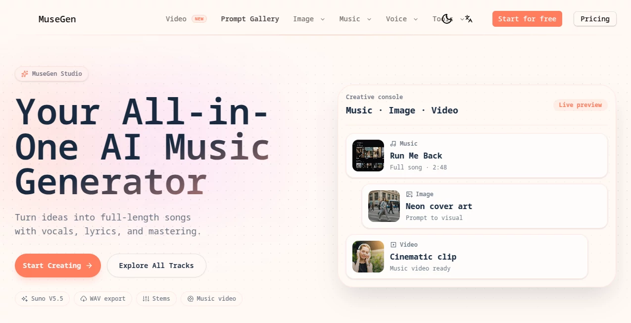 Screenshot of MuseGen – An AI tool in the ,AI Creative Writing ,AI Content Generator ,AI Music Generator ,Text & Writing  category, showcasing its interface and key features.